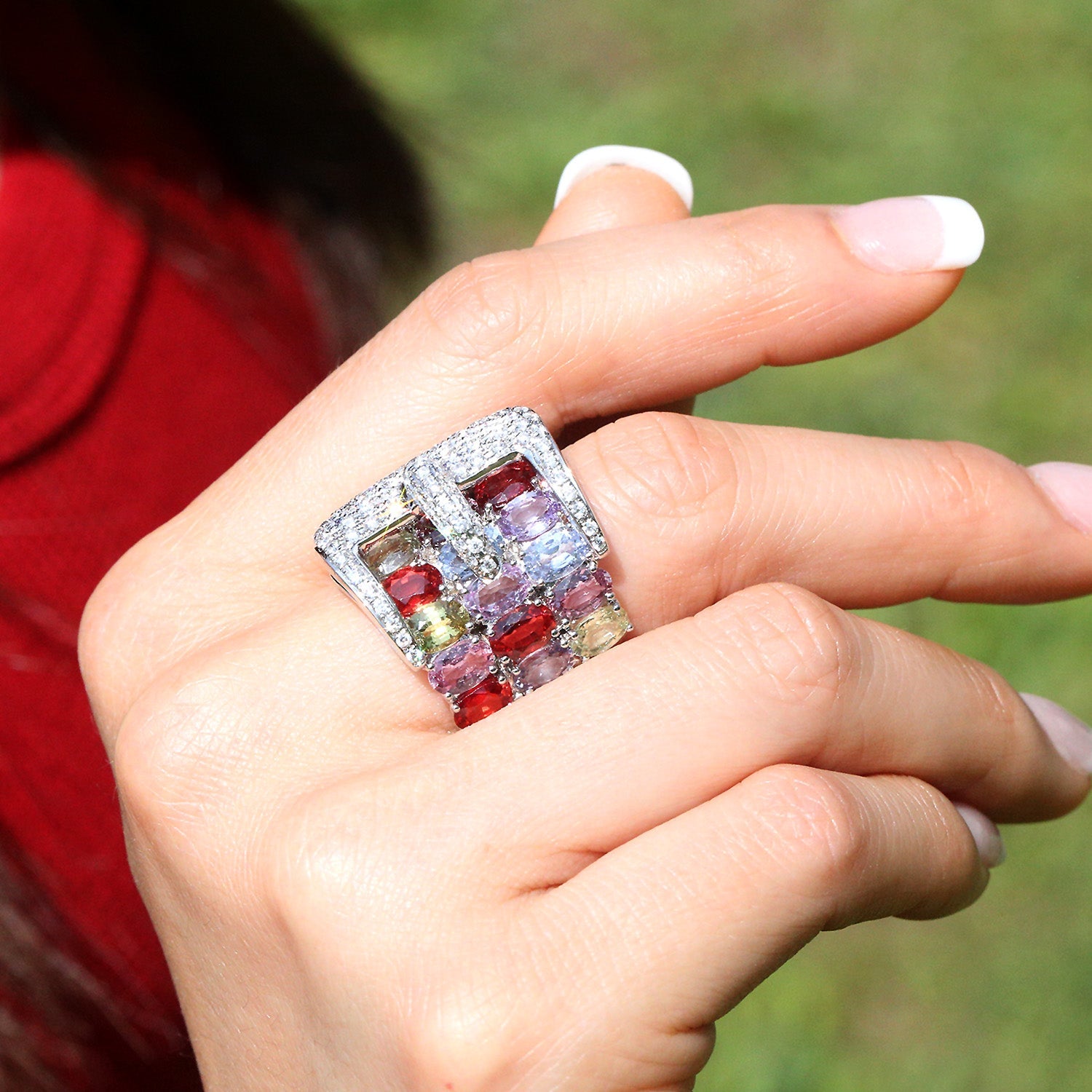 Once Upon A Diamond Ring White Gold Diamond Belt Buckle Ring with Multi-Color Sapphire's 14K