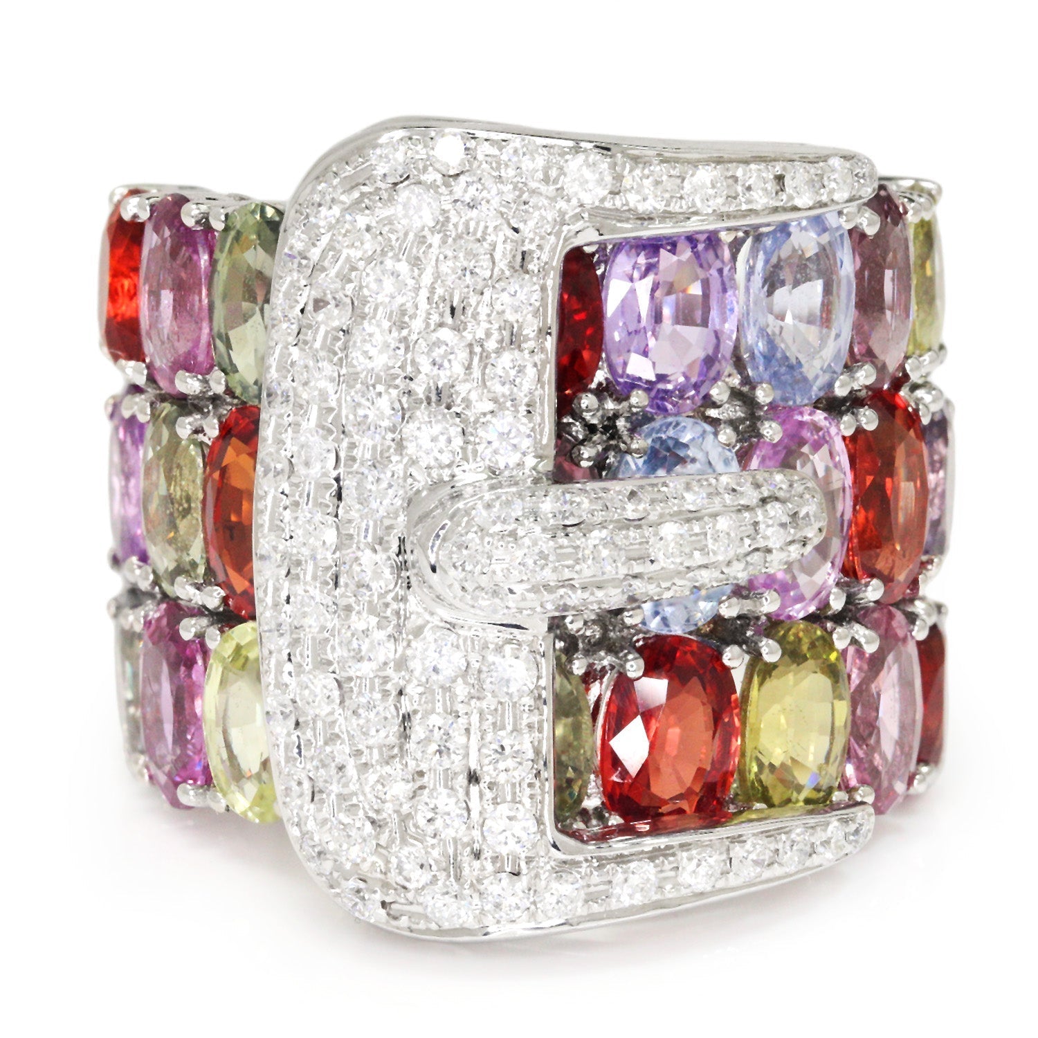 Once Upon A Diamond Ring White Gold Diamond Belt Buckle Ring with Multi-Color Sapphire's 14K