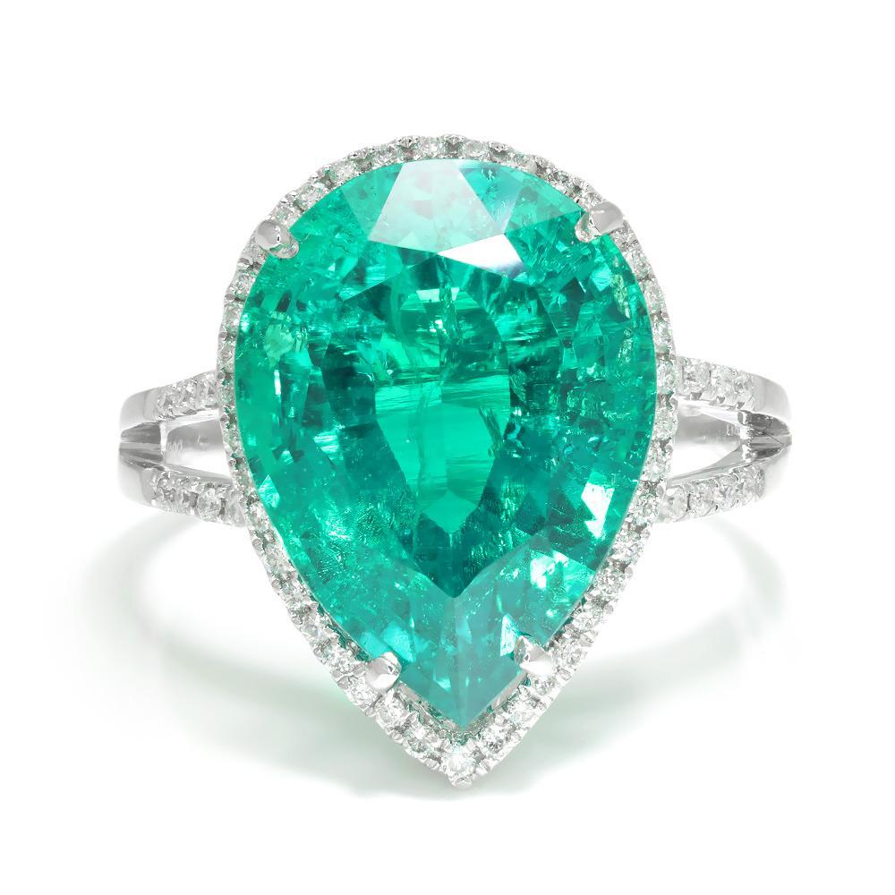 Once Upon A Diamond Ring White Gold Pear Emerald Halo Ring with Diamonds 18K White Gold 7.92ctw