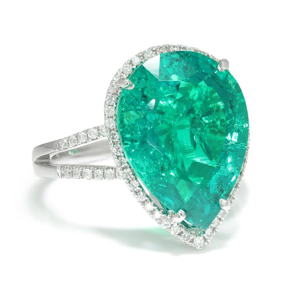 Teardrop Lab-Created Emerald Halo Ring with Diamonds White Gold - Image 3