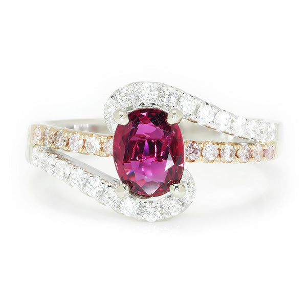 Once Upon A Diamond Ring White & Rose Gold Oval Ruby Swirl Ring with Pink Diamonds 18K 1.58ctw
