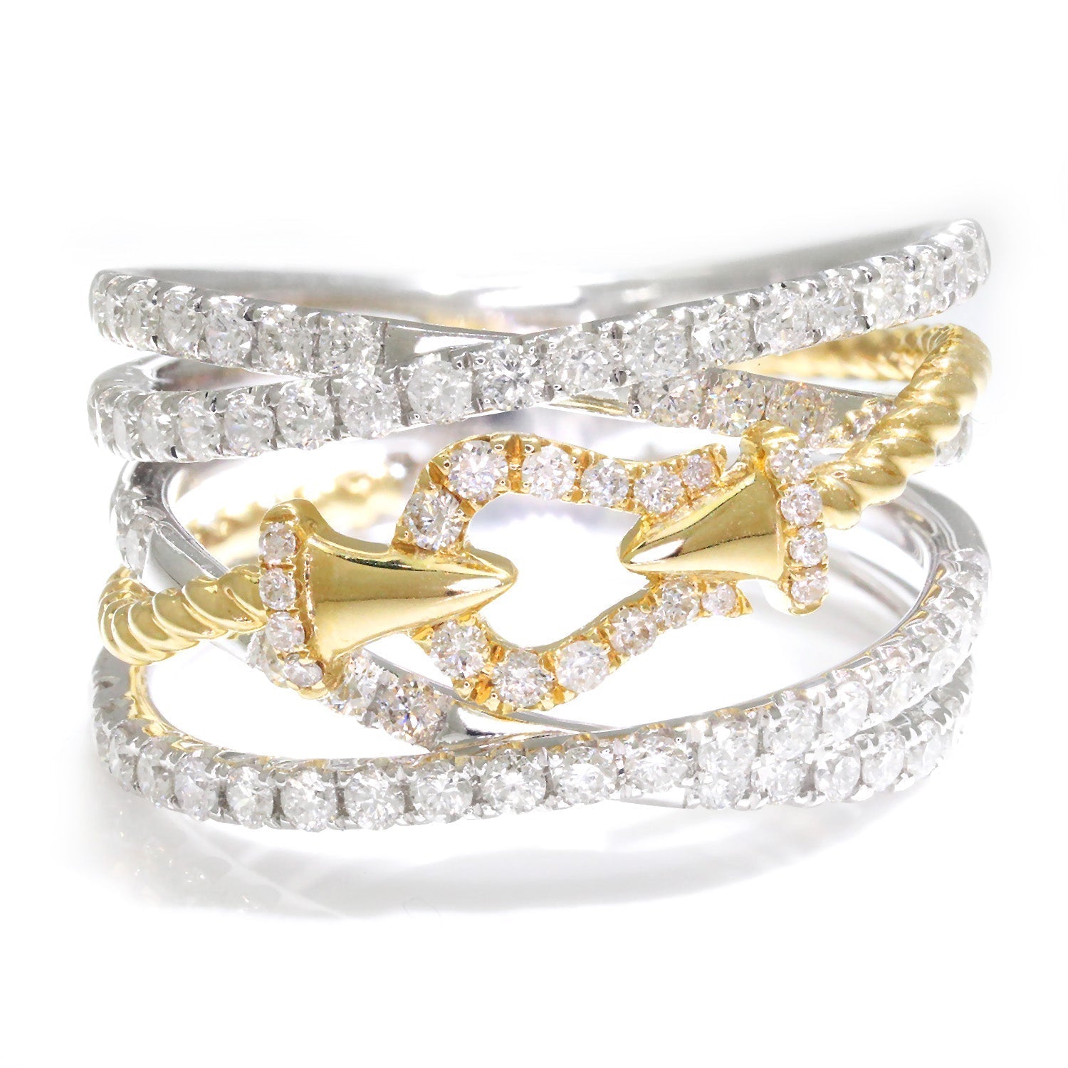 Once Upon A Diamond Ring White & Yellow Gold Diamond Criss-Cross Buckle Band White & Yellow Gold 0.93ctw
