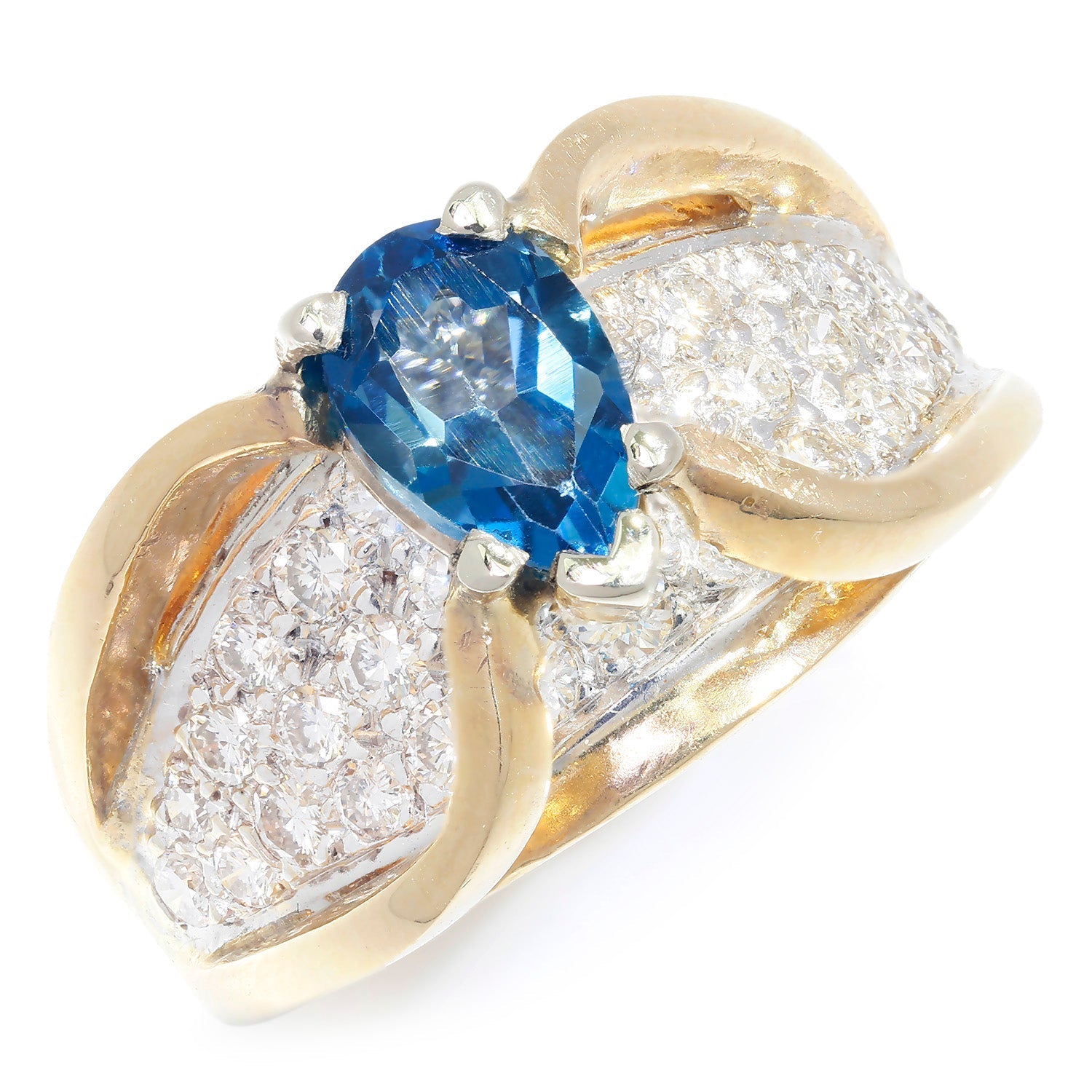 Once Upon A Diamond Ring White & Yellow Gold Pear Cut Blue Topaz Ring with Diamonds 14K 2-Tone Gold 1.75ctw