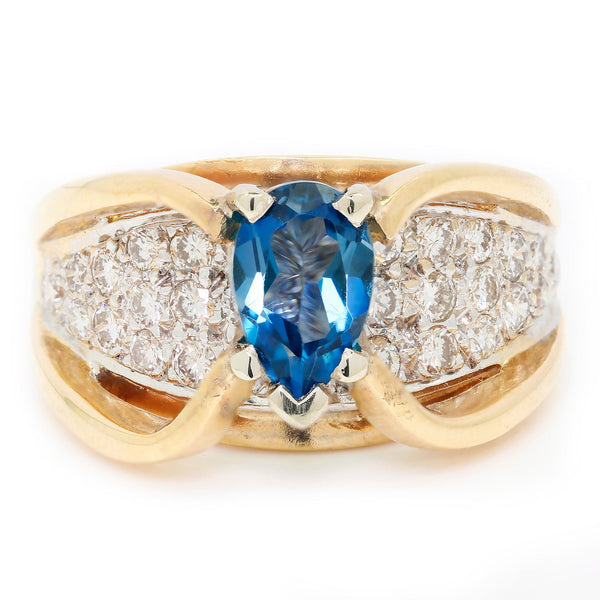 Pear Cut Blue Topaz Ring with Diamonds 14K 2-Tone Gold 1.75ctw - Image 2