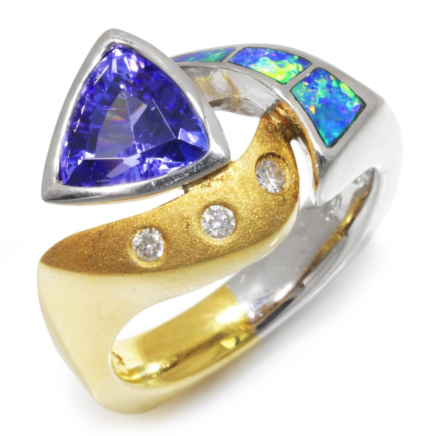 Once Upon A Diamond Ring White & Yellow Gold Trilliant Tanzanite Ring with Diamonds & Inlaid Opal 18K