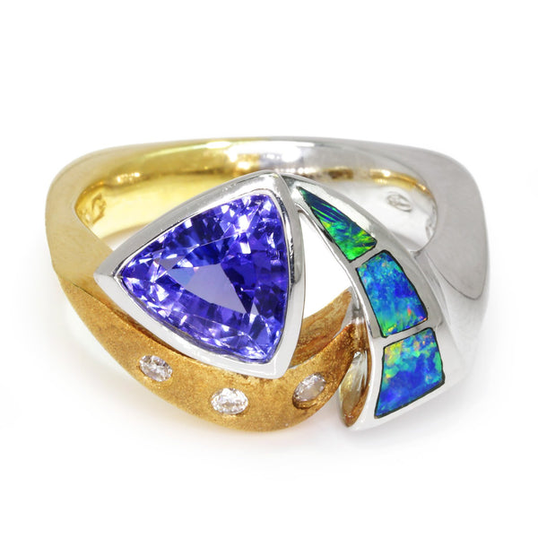 Trilliant Tanzanite Ring with Diamonds & Inlaid Opal 18K - Image 3