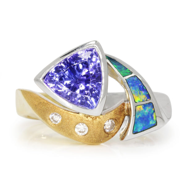 Trilliant Tanzanite Ring with Diamonds & Inlaid Opal 18K - Image 2