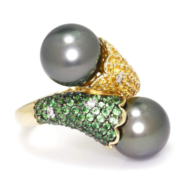 Black Tahitian Pearl Bypass Ring with Gemstones 14K Gold 11.40mm - Image 3