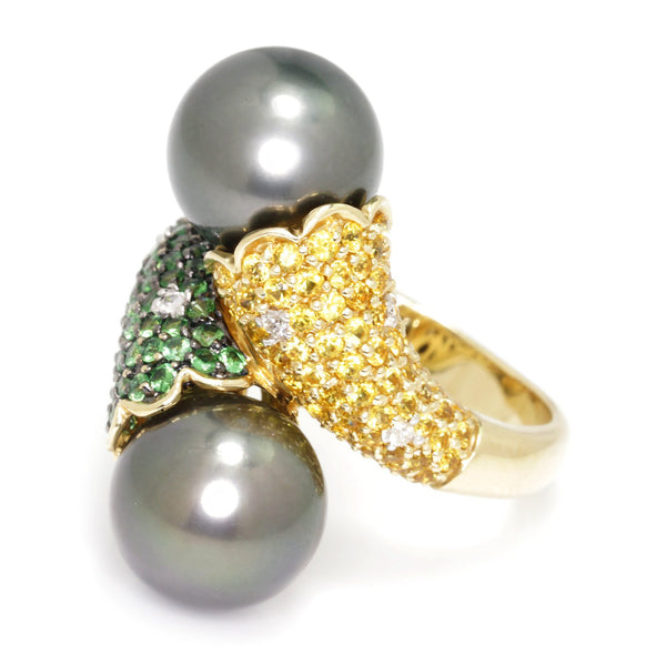 Black Tahitian Pearl Bypass Ring with Gemstones 14K Gold 11.40mm - Image 2