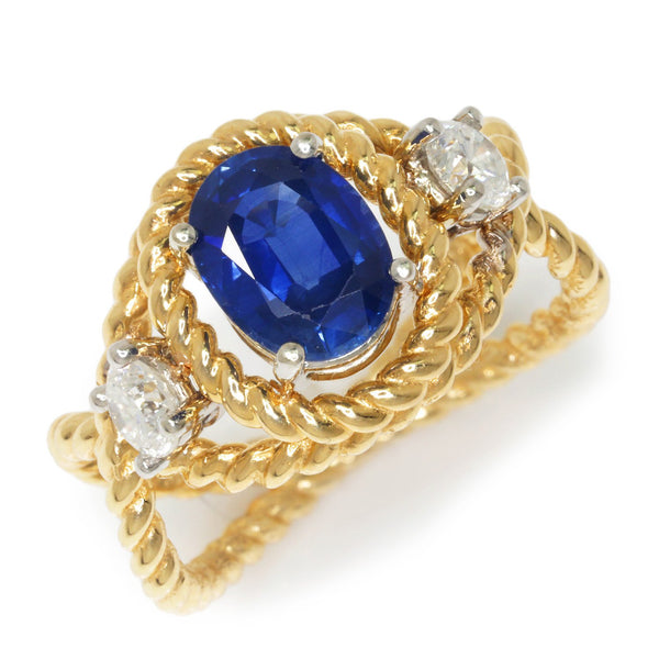Once Upon A Diamond Ring Yellow Gold Certified Blue Sapphire 3-Stone Ring with Diamonds 14K