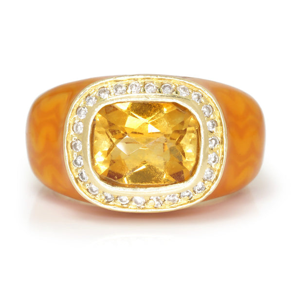 Citrine Halo Ring with Diamonds & Orange Enamel 14K Yellow Gold - Image 3