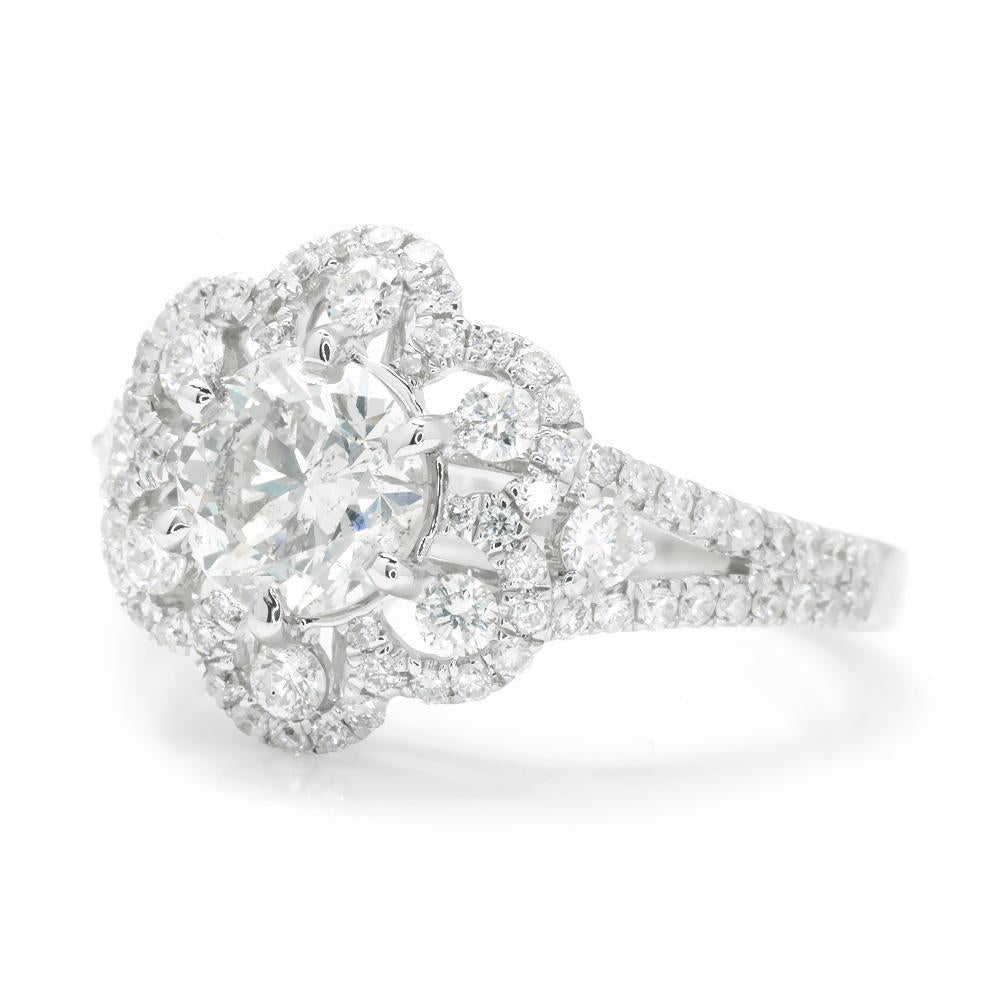 Once Upon A Diamond Engagement Ring White Gold Round Diamond Flower Halo Engagement Ring 18K 1.85ctw