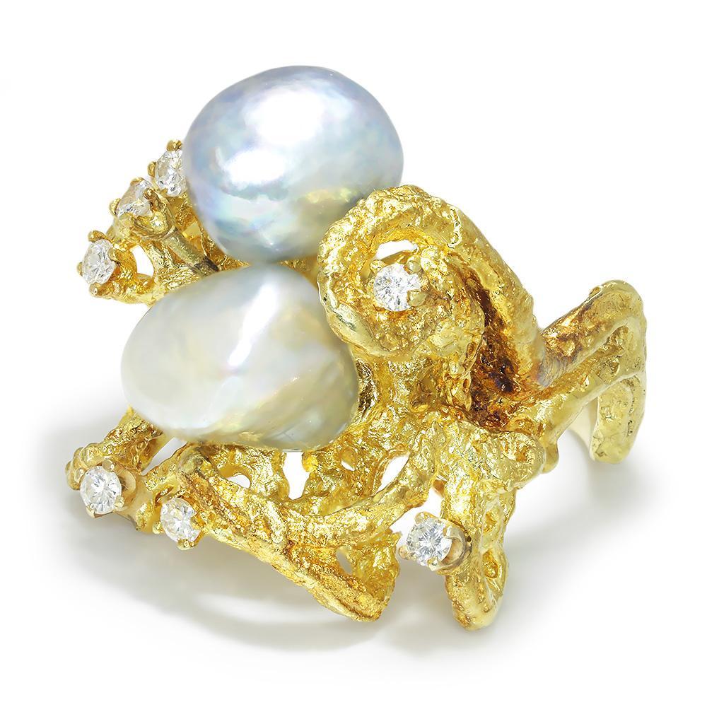 Once Upon A Diamond Ring Yellow Gold Vintage Baroque Pearl & Diamond Twig Ring 18K Yellow Gold