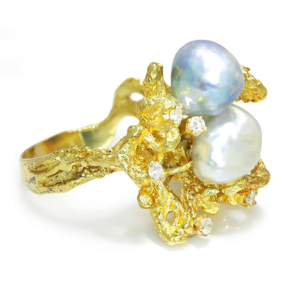 Vintage Baroque Pearl & Diamond Twig Ring 18K Yellow Gold - Image 3