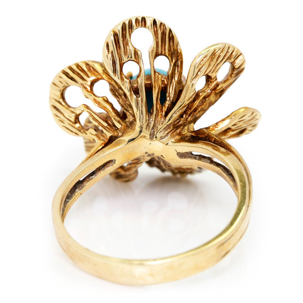 Vintage Cabochon Turquoise Flower Ring 14K Yellow Gold - Image 3