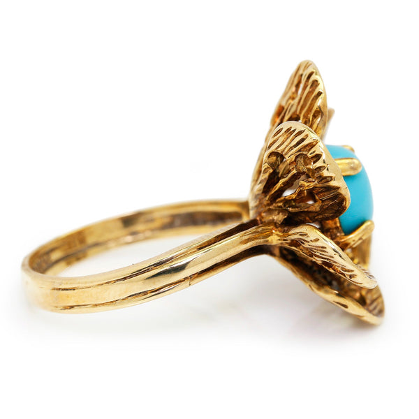Vintage Cabochon Turquoise Flower Ring 14K Yellow Gold - Image 2