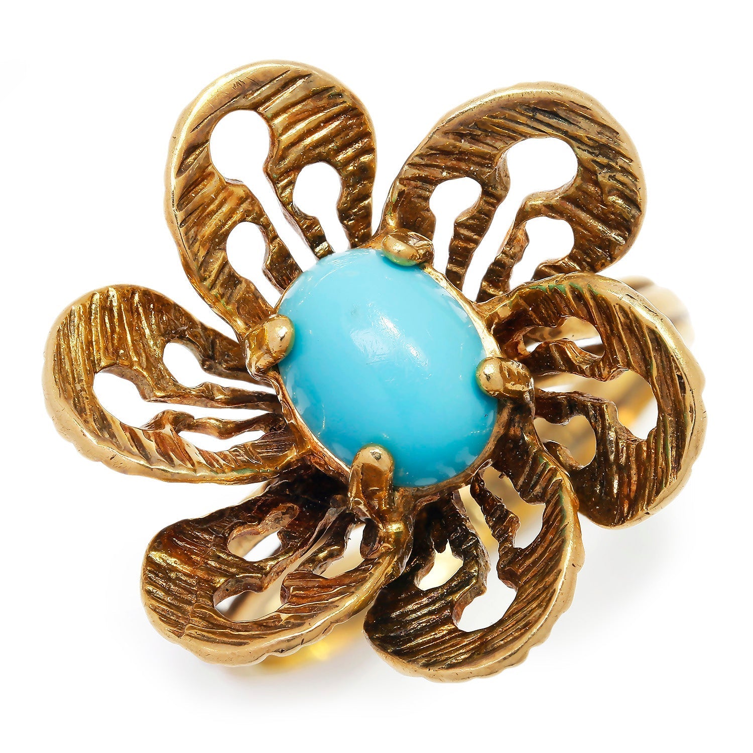 Once Upon A Diamond Ring Yellow Gold Vintage Cabochon Turquoise Flower Ring 14K Yellow Gold