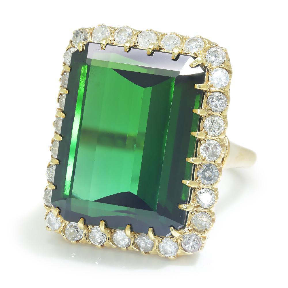 Once Upon A Diamond Ring Yellow Gold Vintage Certified Green Tourmaline & Diamond Ring 23.35ct