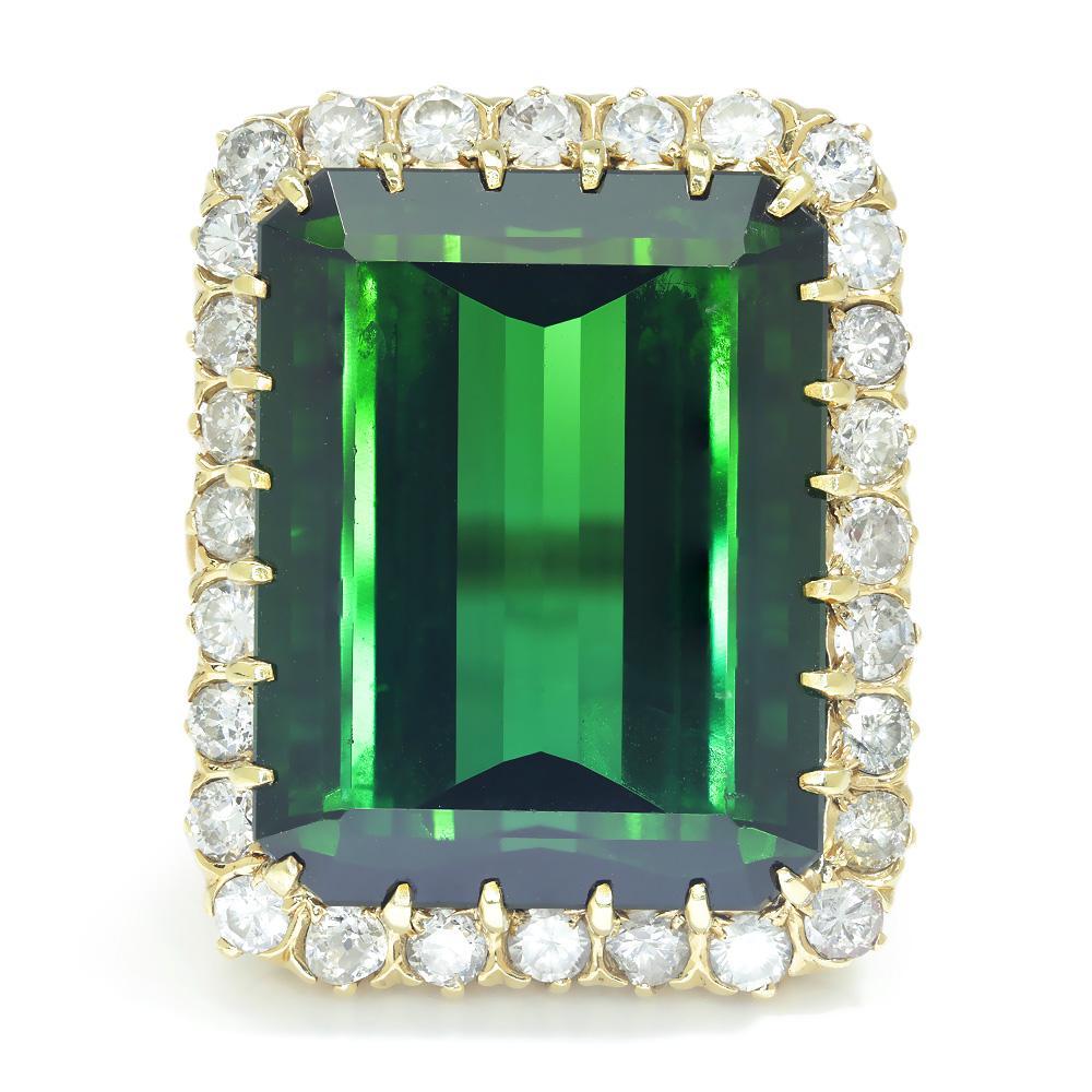 Once Upon A Diamond Ring Yellow Gold Vintage Certified Green Tourmaline & Diamond Ring 23.35ct
