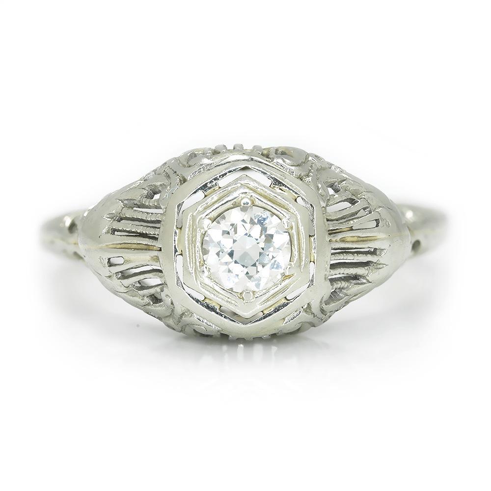 Once Upon A Diamond Ring Yellow Gold Vintage Old European Diamond Solitaire Ring 14K White Gold