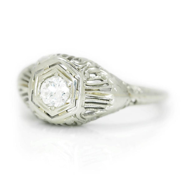 Vintage Old European Diamond Solitaire Ring 14K White Gold - Image 2