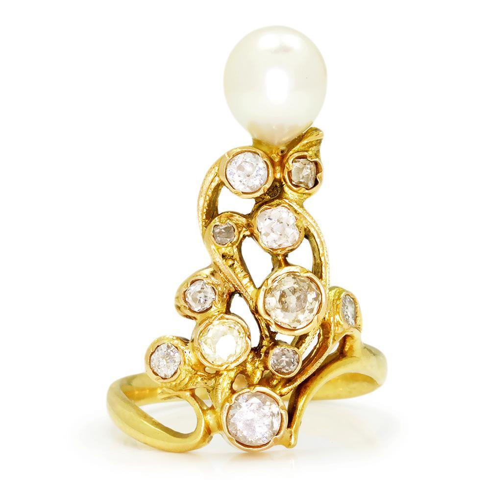 Vintage Pearl Ring with Old Mine Cut Diamonds 18K 1.00ctw