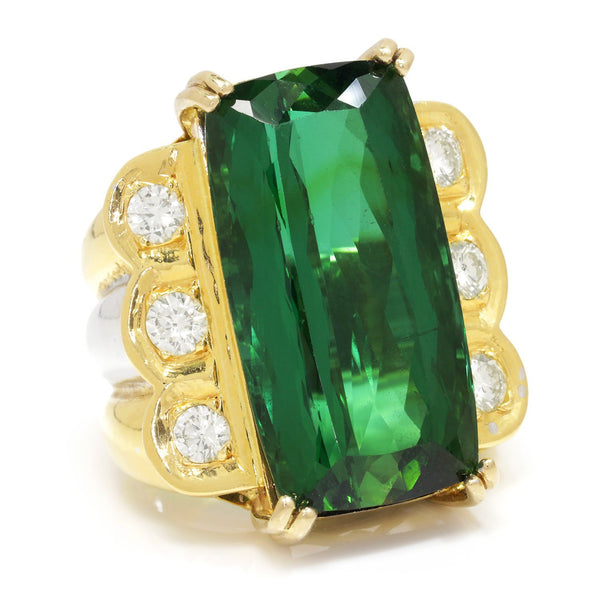 Once Upon A Diamond Ring Yellow & White Gold Large Green Tourmaline Ring with Diamonds 18K Gold 23.00ctw