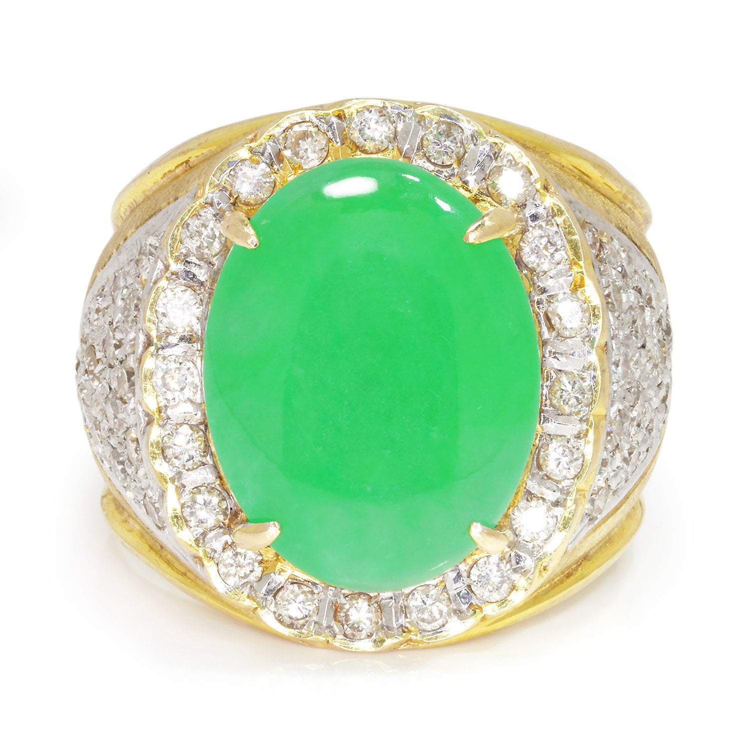 Once Upon A Diamond Ring Yellow & White Gold Vintage Oval Green Jade Ring with Diamonds 18K Gold 5.25ctw