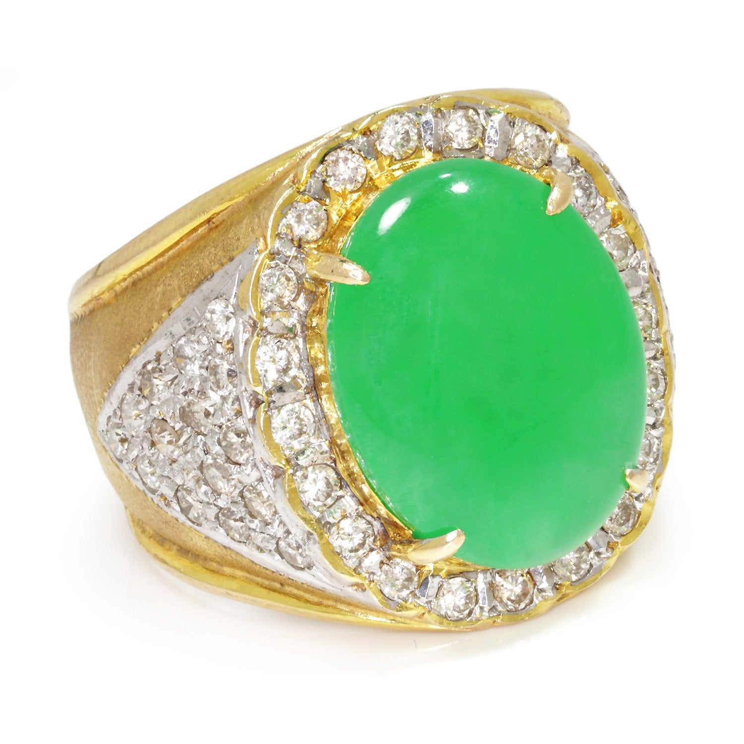 Once Upon A Diamond Ring Yellow & White Gold Vintage Oval Green Jade Ring with Diamonds 18K Gold 5.25ctw